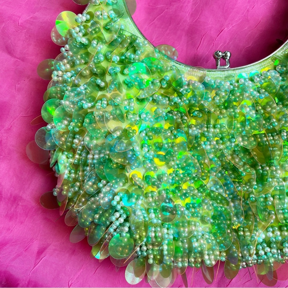 Green Beaded Vintage Y2K Shoulder Bag BRAT Style Purse - Picture 3 of 12